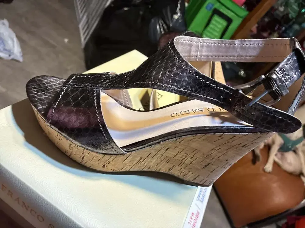 Franco Sarto Supra Pewter Snake Platform Cork Wedge Sandals Size 7.5 M